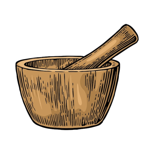 Mortero y pestillo de madera Ilustración de grabado vectorial de color vintage