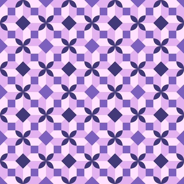 Mosaico de azulejos geométricos con acentos florales en tonos de púrpura