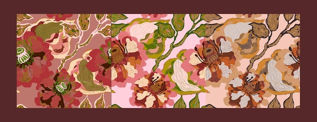 Mosaico estilizado de flores y hojas en flor en estilo japonés patrón vectorial sin costuras motivos de primavera ornamento estilo retro