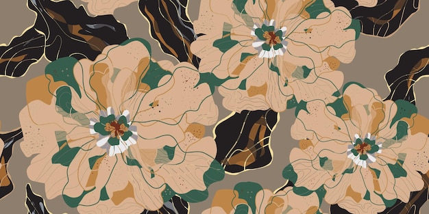 Mosaico estilizado de flores y hojas en flor en estilo japonés patrón vectorial sin costuras motivos de primavera ornamento estilo retro