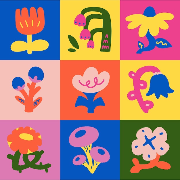 mosaico de flores dibujado a mano funky y colorido