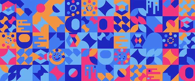Mosaico geométrico azul, rosa y naranja Ilustración de patrones sin costuras con formas abstractas creativas Para fondo de banner portada de cartel papel tapiz de presentación certificado de fondo