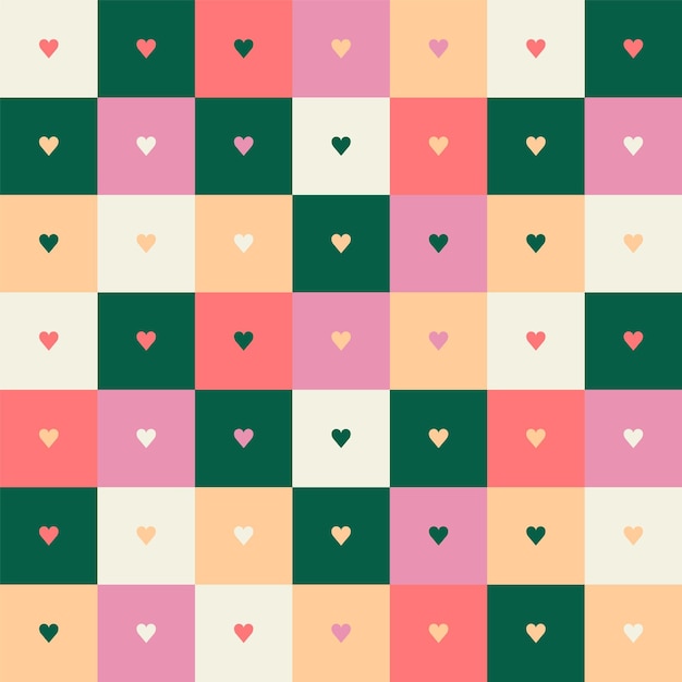 Mosaico geométrico de Bauhaus patrón sin costuras en azulejos con corazones en tonos de color rojo Día de San Valentín