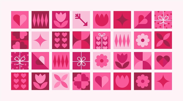 Mosaico geométrico patrón del día de San Valentín Amor y corazones Moderno fondo vectorial abstracto