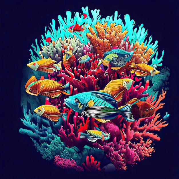 Mosaico marino Abrace la belleza de los peces de coral con una camiseta