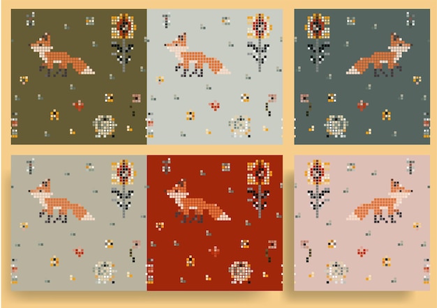 Mosaico de píxeles de vida forestal Fondo vectorial sin costuras con zorro