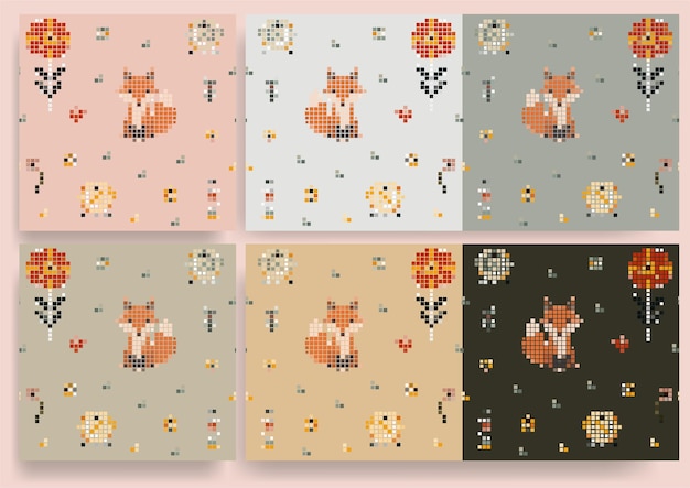 Mosaico de píxeles de vida forestal Fondo vectorial sin costuras con zorro