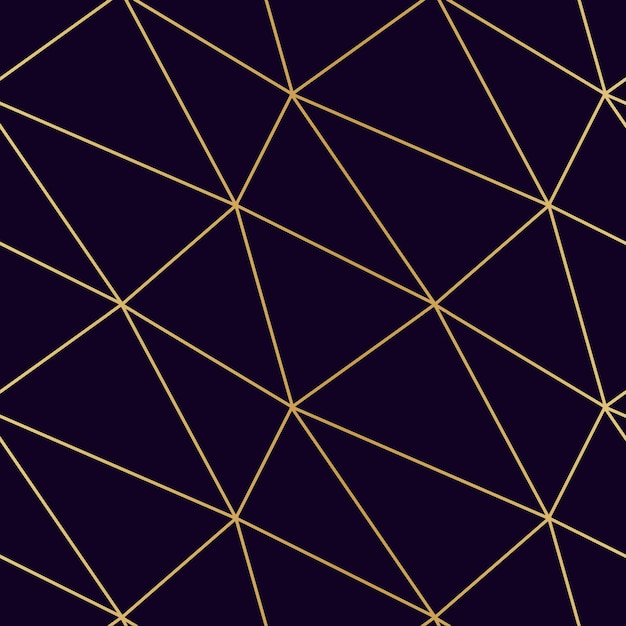 Mosaico de triángulos de finas líneas doradas en un patrón sin costuras de fondo de lujo oscuro para envolver papel textil