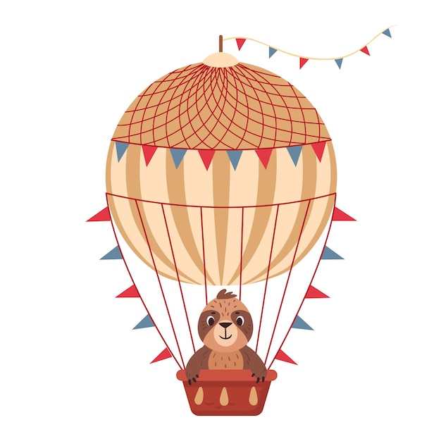 Mosca perezosa en globo de aire caliente Balón de aire calientes retro de dibujos animados con un animal lindo a bordo Ilustración vectorial plana Personaje perezoso lindo volando en el transporte aéreo