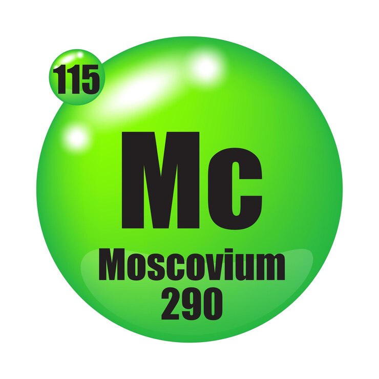 Vector moscovium icono mc elemento químico número atómico 115 masa 290 esfera verde brillante