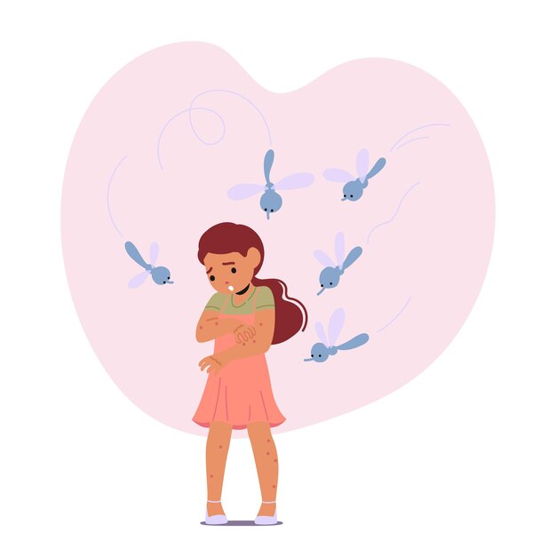 Los mosquitos pican a los niños que causan picazón, enrojecimiento, hinchazón, pueden transmitir enfermedades como el dengue, la malaria, la ilustración vectorial.