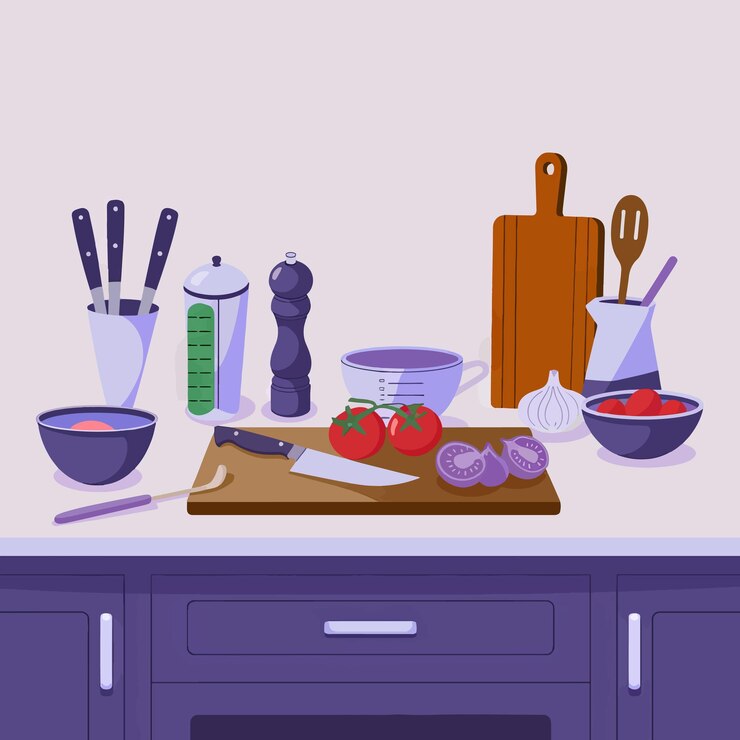 Vector un mostrador de cocina con un montón de utensilios de cocina y un cuchillo en la parte superior