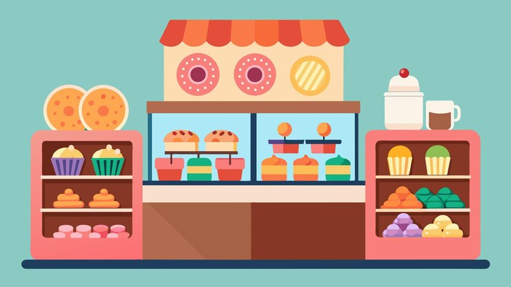Vector el mostrador de la panadería está adornado con una variedad colorida de golosinas lo que dificulta a los clientes habituales