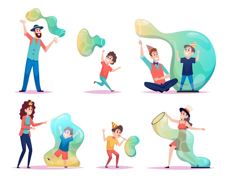 Vector mostrar burbujas de jabón atracción para niños grandes burbullas de jabón transparentes volando y líquidos plantillas de dibujos animados vectoriales exactas