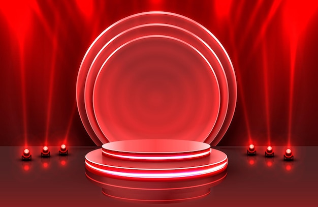 Mostrar luz Escena del podio con para la ceremonia de entrega de premios en fondo rojo