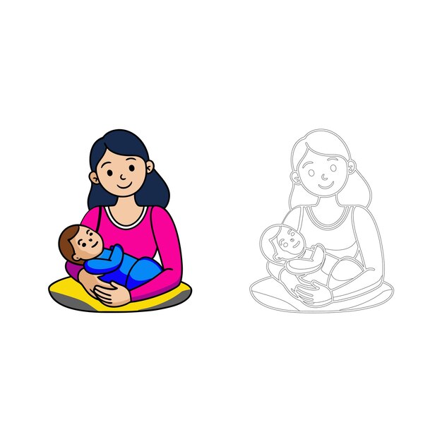 A mother holding a baby in her arms line art design and icon
