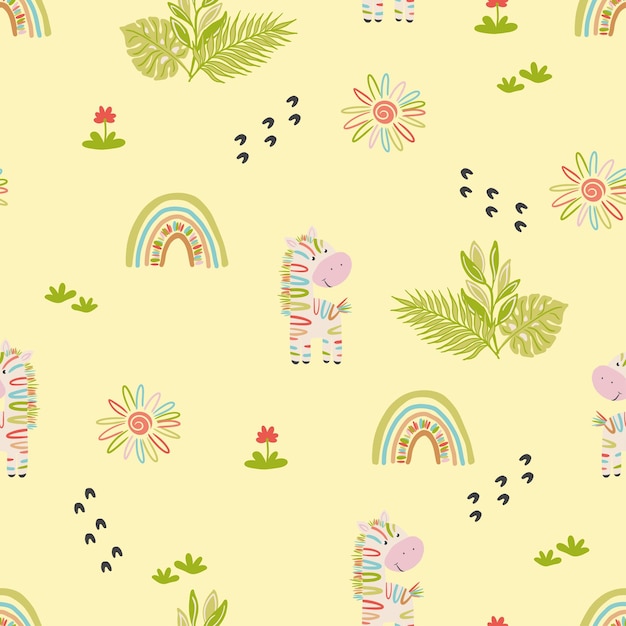 Motif harmonieux de Image vectorielle enfant avec Images de girafe león zbre y plantas africanas