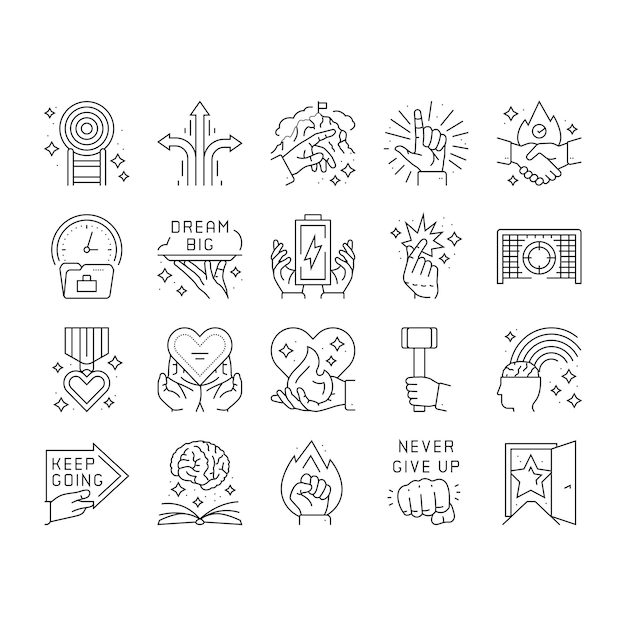 Motivación éxito reto iconos conjunto vector