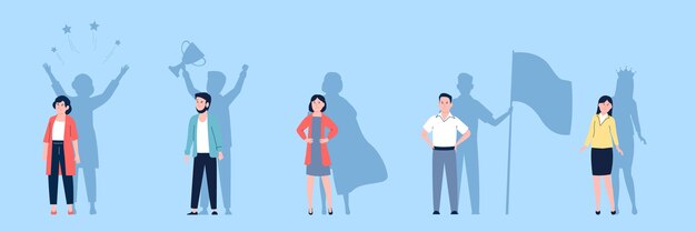 Motivación líder Confianza y valentía personajes femeninos y masculinos intrépidos personas poderosas abstractas sombras liderazgo concepto vectorial reciente