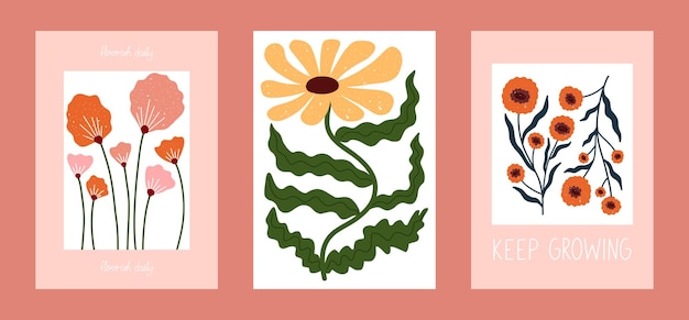 motivational floral art print set with hand drawn flowers and growth quotes like keep growing