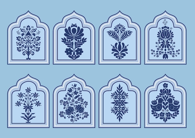 Motivo floral mogol conjunto vectorial de formas de ventanas con temática de Ramadant