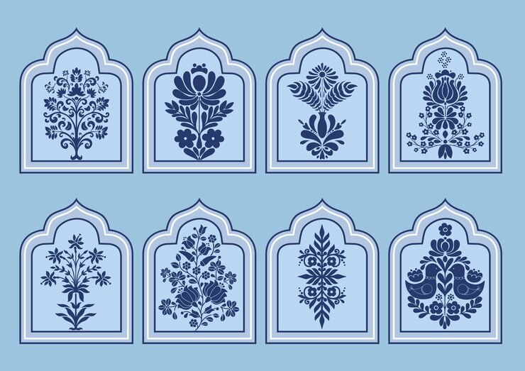 Motivo floral mogol conjunto vectorial de formas de ventanas con temática de Ramadant