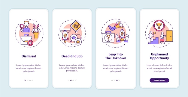 Motivos de la transición laboral para incorporar la pantalla de la página de la aplicación móvil con conceptos