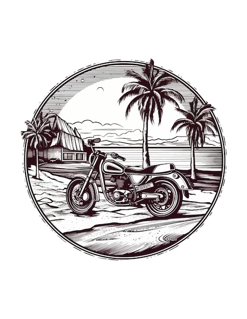 moto frente a una playa Ilustración dibujada a mano moto Diseño de ilustración dibujada a mano