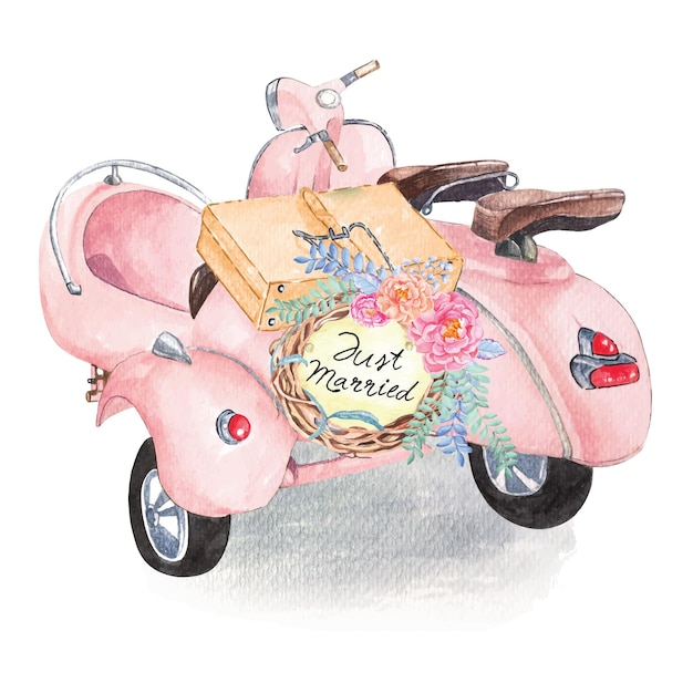 Moto scooter decorada con flores para una bodaCuadro moto retroRecién casados