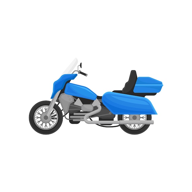 Motocicleta azul fresca aislada sobre fondo blanco Vehículo de motor de dos ruedas Biker chopper Motocicleta vintage Elemento gráfico para cartel o pancarta Icono de estilo de dibujos animados Icono de vector plano colorido