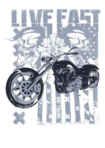 Motocicleta con calaveras gritando sobre un fondo de bandera