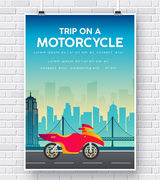 Vector motocicleta en una carretera ilustración en diseño de concepto de fondo de pared de ladrillo