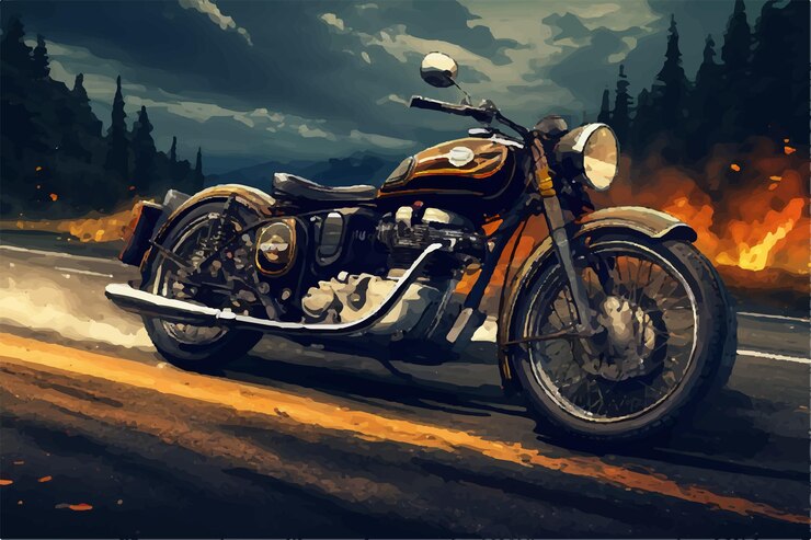 Vector motocicleta clásica de época en una ilustración de carretera de una motocicleta de época motocicleta antigua