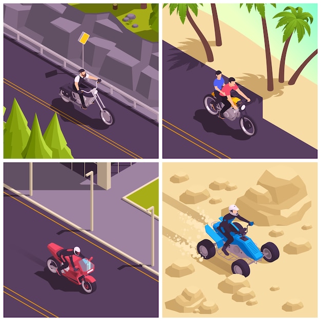 Motocicleta en la colección de composición de estilo isométrico
