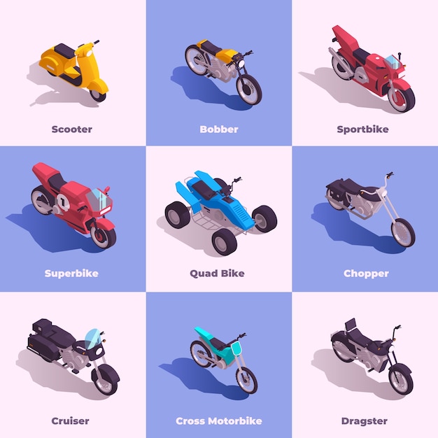 Motocicleta en íconos de estilo isométrico con ilustración