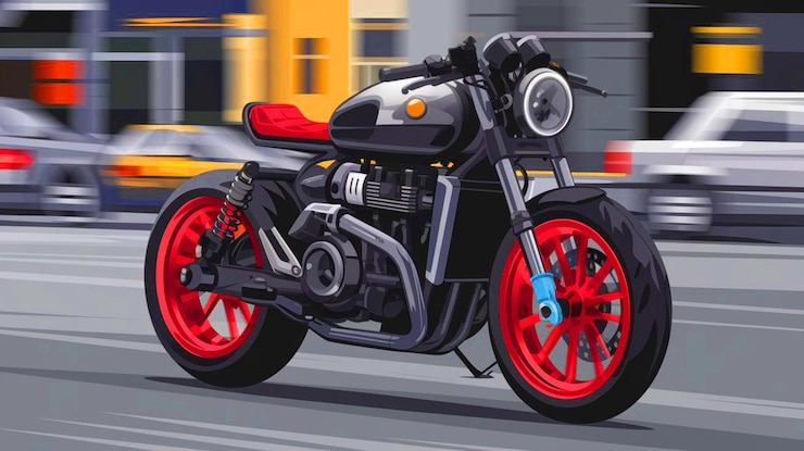 Vector una motocicleta con ruedas rojas tiene un cuerpo negro y llantas rojas