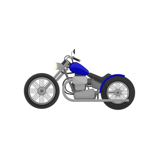 Motocicleta de la vieja escuela con ruedas grandes Motocicleta de época Vehículo de motor Ilustración al estilo de dibujos animados Elemento gráfico para póster o juego móvil Diseño vectorial plano colorido aislado sobre fondo blanco