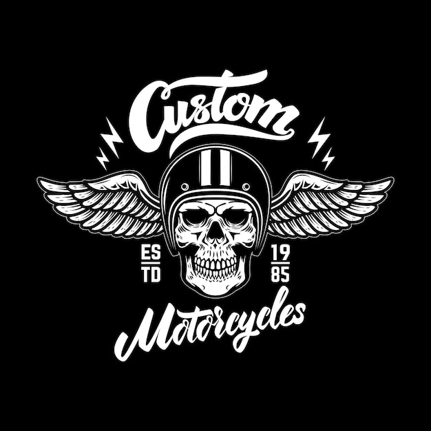 Motocicletas personalizadas. Plantilla de emblema con calavera en casco alado.