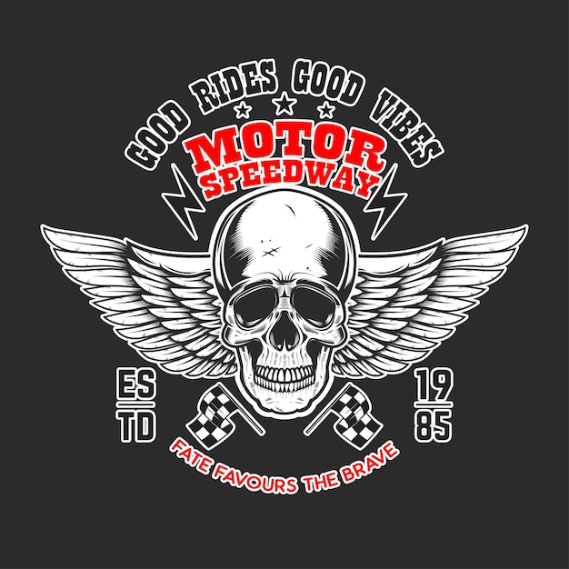 Motocicletas personalizadas Plantilla de póster con calavera alada. Elemento de diseño de carteles, folletos, tarjetas, pancartas. Ilustración vectorial