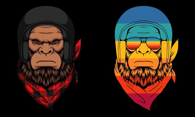 Motociclista bigfoot usando un casco y una ilustración de vector de leñador de bandana