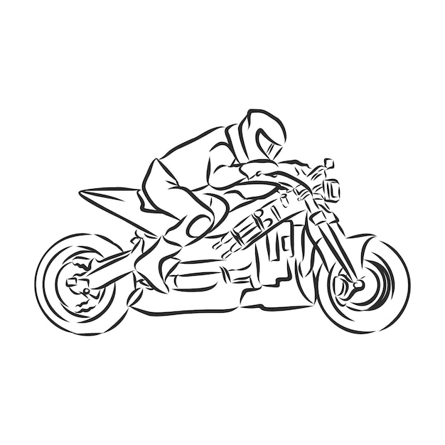 Motociclista en un dibujo de motocicleta, ilustración vectorial de contorno