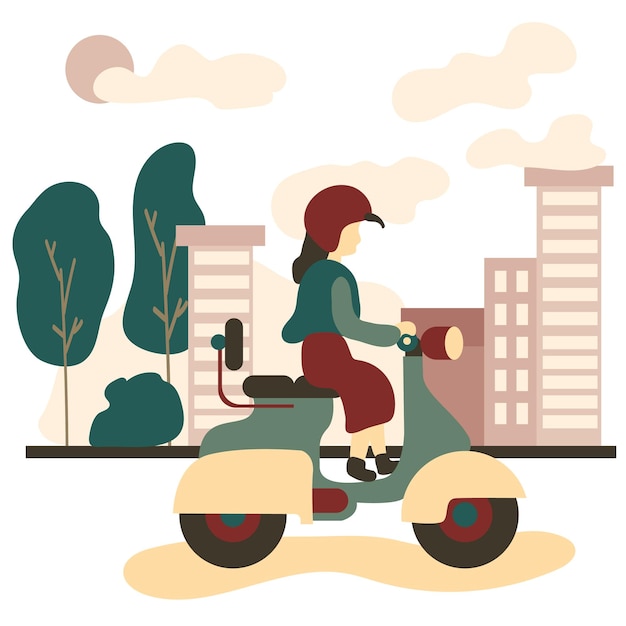 Un motociclista en la escena ilustrada de la ciudad