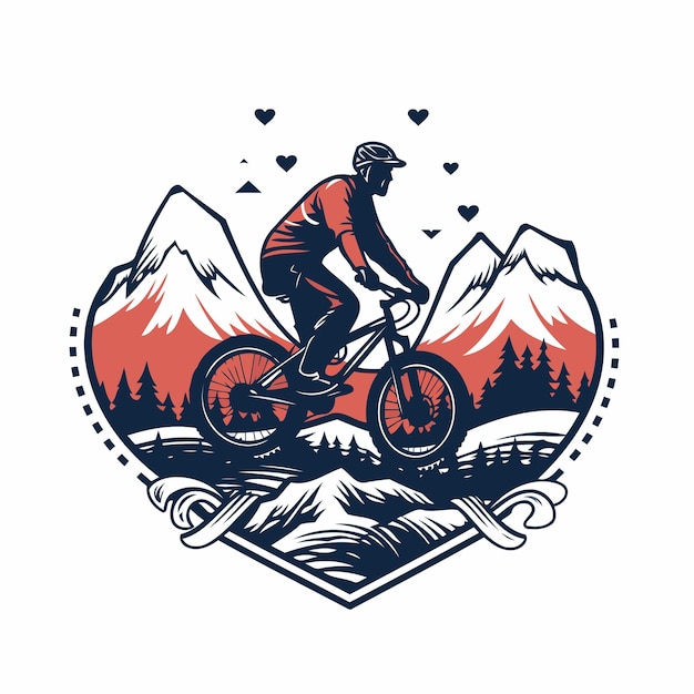 Vector motociclista de montaña en las montañas emblema vectorial vintage aislado en fondo blanco