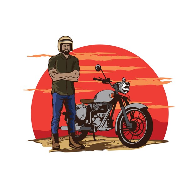 Motociclista y motocicleta con ilustración vectorial de la vista del atardecer