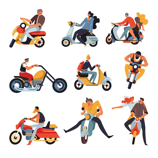 Vector motociclistas o corredores de motos en motocicletas y ciclomotores o motos deportivas personajes aislados