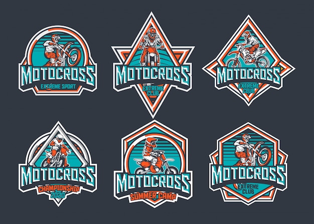 Motocross premium vintage insignia insignia etiqueta diseño plantilla paquete verde azulado rojo