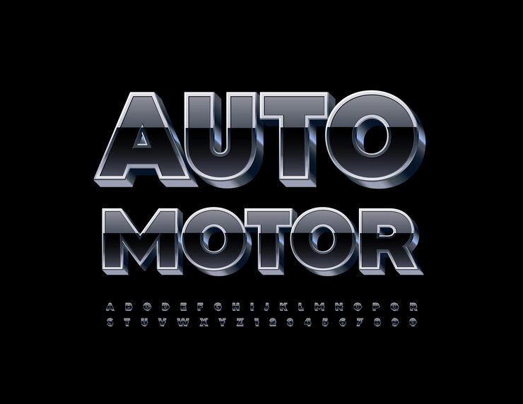Vector motor automático de signo industrial vectorial. fuente negra y plateada. números y letras del alfabeto metálico 3d