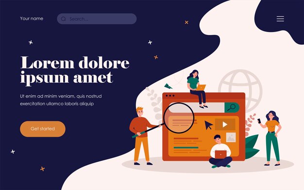 Motor de búsqueda que responde a las preguntas de los usuarios. Personas que utilizan computadoras portátiles y teléfonos para realizar consultas en línea. Ilustración de vector plano para publicidad, trabajo de SEO, concepto de promoción de sitios web