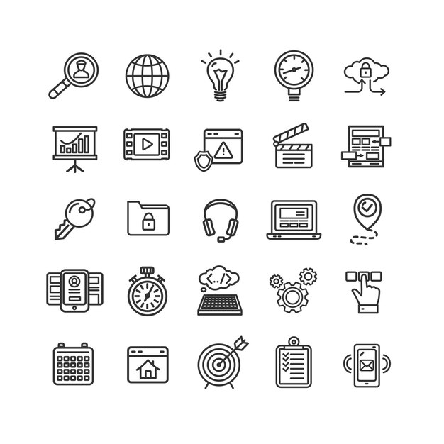 Motor de búsqueda Seo Black Thin Line Icon Set Vector