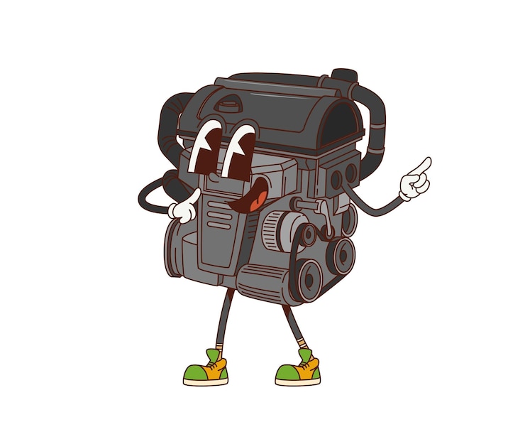 Vector el motor del coche retro de dibujos animados es un personaje gracioso.